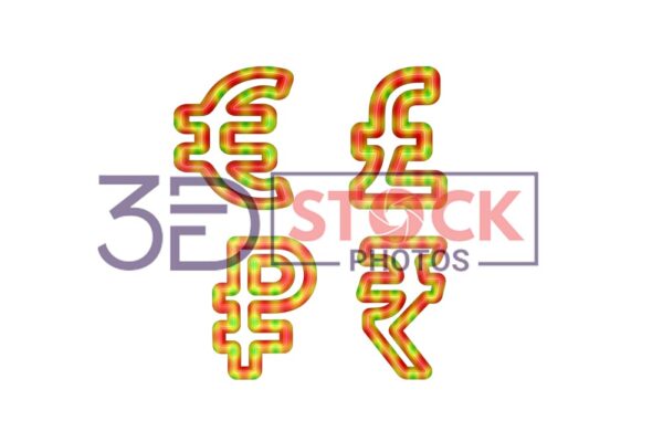 3D Currency Symbols with Green, Red, yellow Mixed with Circle Shaped texture A